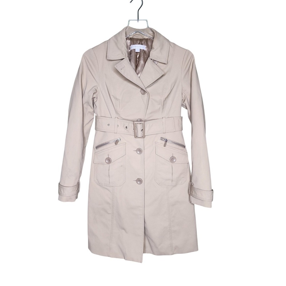 Vintage Trench Coat Khaki Tan Button Up Belted Zip Pockets New‎ York & Co S